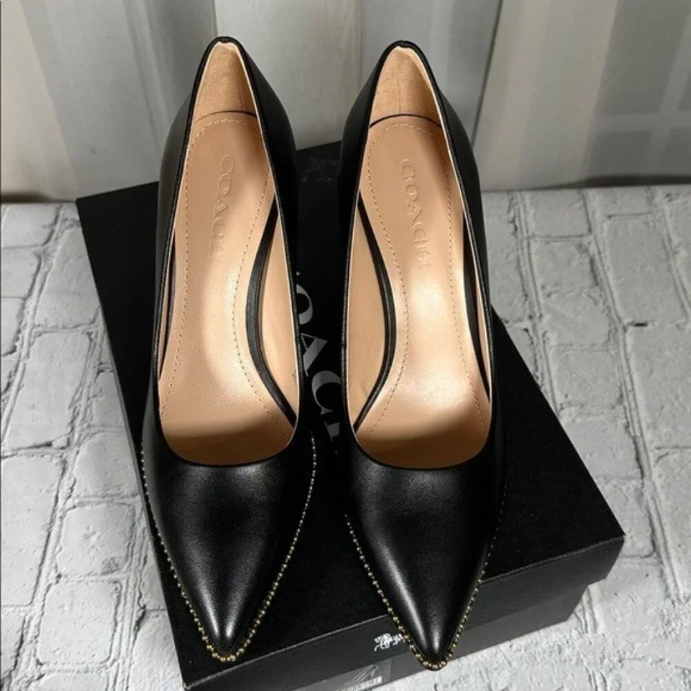 Coach Waverly Beadchain Leather Heels Black Gold Shoes - Picture 4 of 16